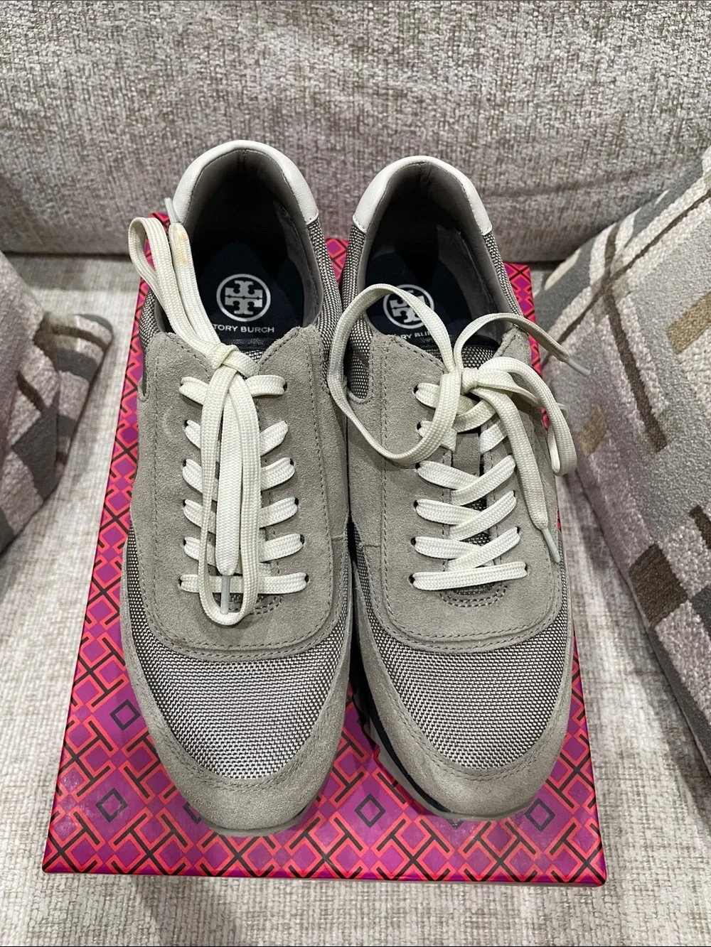 Tory Burch Taupe Suede & Mesh Platform Sneaker with Black and Burgundy Accents